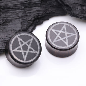 Detail View 1 of A Pair of Crystal Quartz Pentagram Inlay Ebony Wood Double Flared Ear Gauge Plug